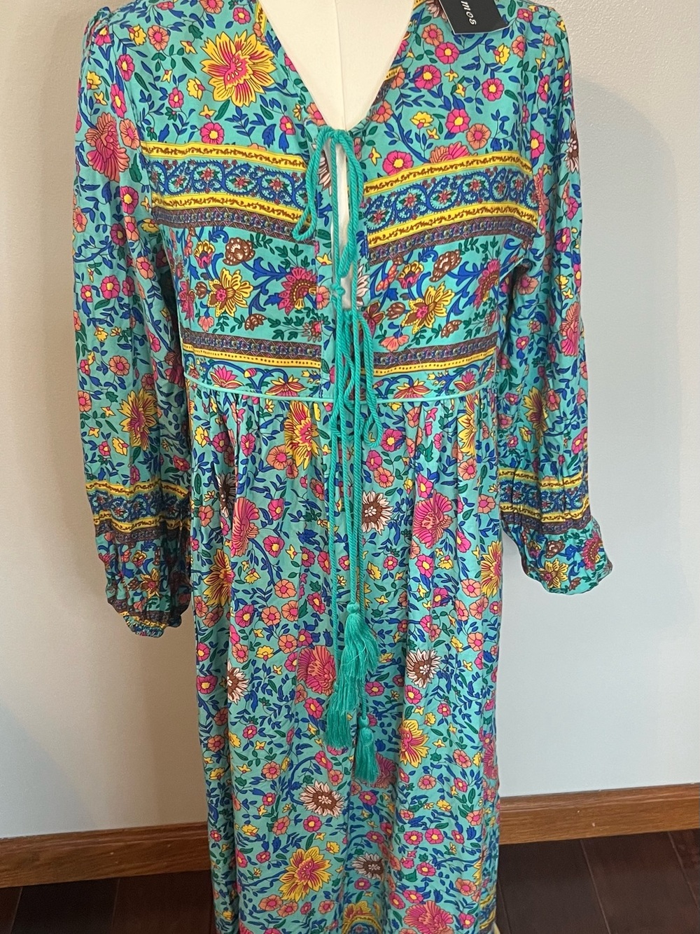 R Vivimos Womens Size Small Boho Floral Midi Dress Tassel Tie Long Sleeve NWT